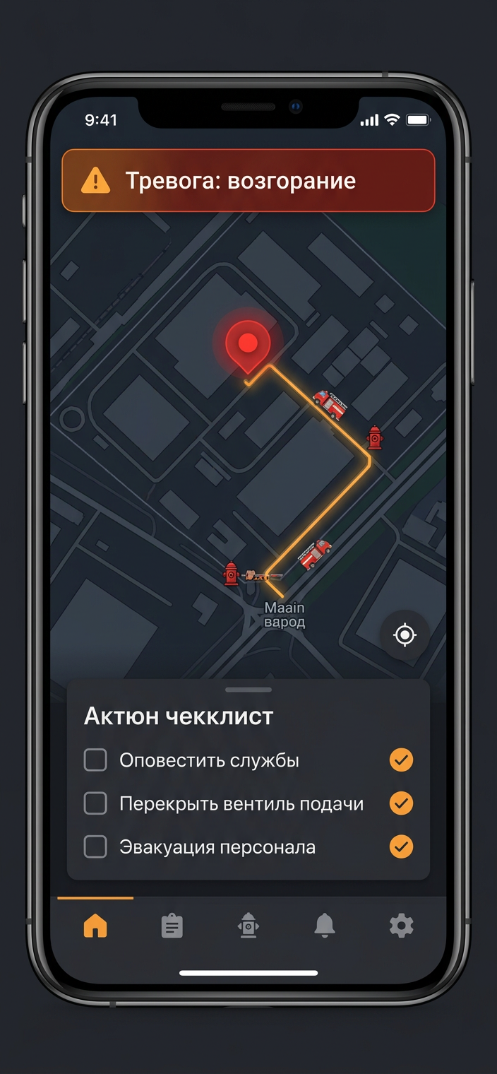 Экран мобильного приложения: карта тревоги и чек-лист действий